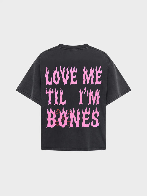 Black T-shirt with Love Me Til I'm Bones Print in Pink - t-shirt back view