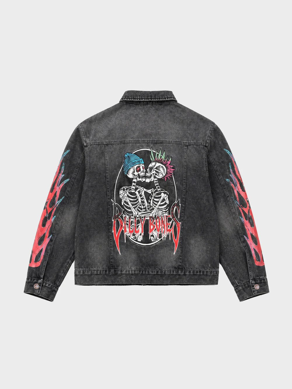 Black denim jacket with graphic designs on a white background