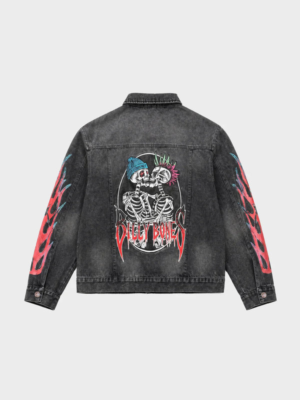 Black denim jacket with graphic designs on a white background
