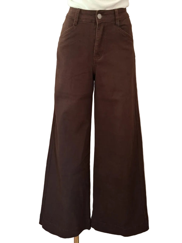 Brown wide-leg pants worn by a mannequin against a plain background