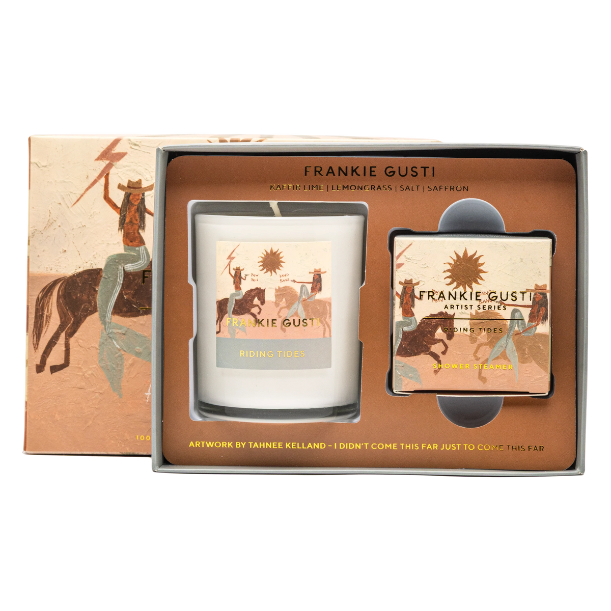 Frankie Gusti candle and diffuser set in decorative packaging - Tahnee Kelland artist - beige with cowboy mermaids on horses