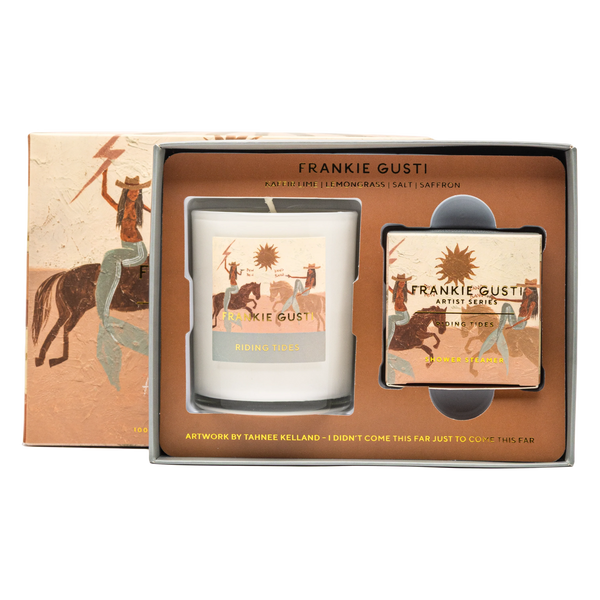 Frankie Gusti candle and diffuser set in decorative packaging - Tahnee Kelland artist - beige with cowboy mermaids on horses