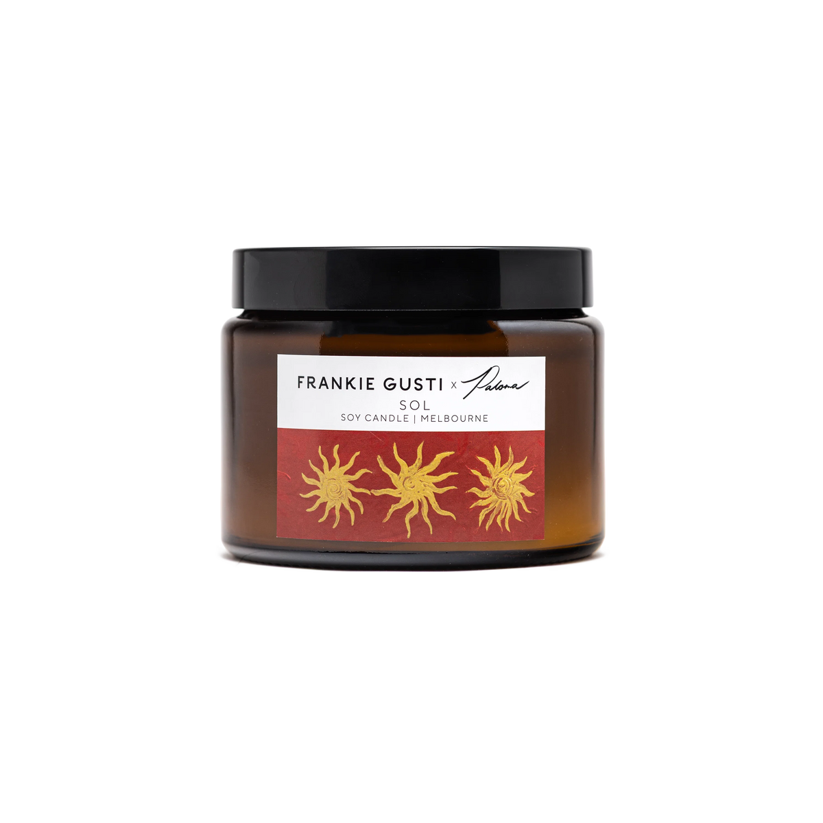 Candle jar with a label featuring sun designs on a white background