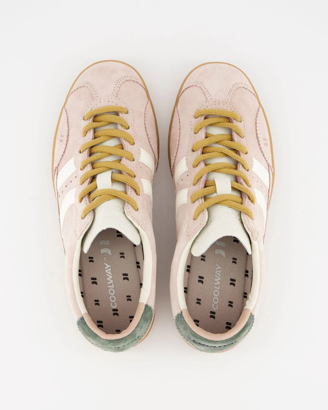 Pair of pink sneakers with yellow laces on a white background