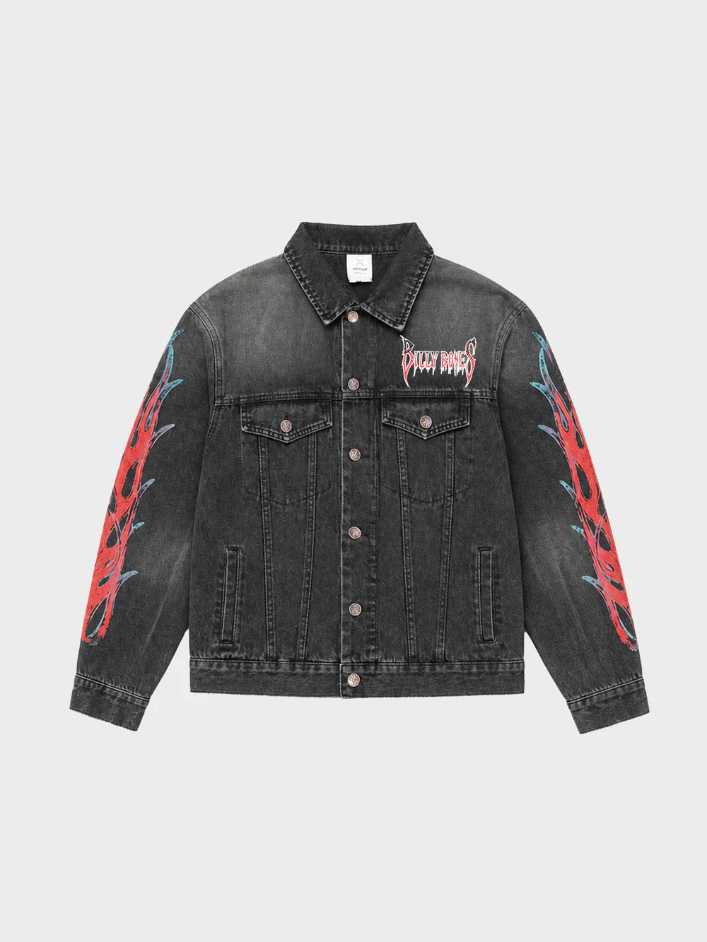 Black denim jacket with red and blue designs on sleeves against a light gray background