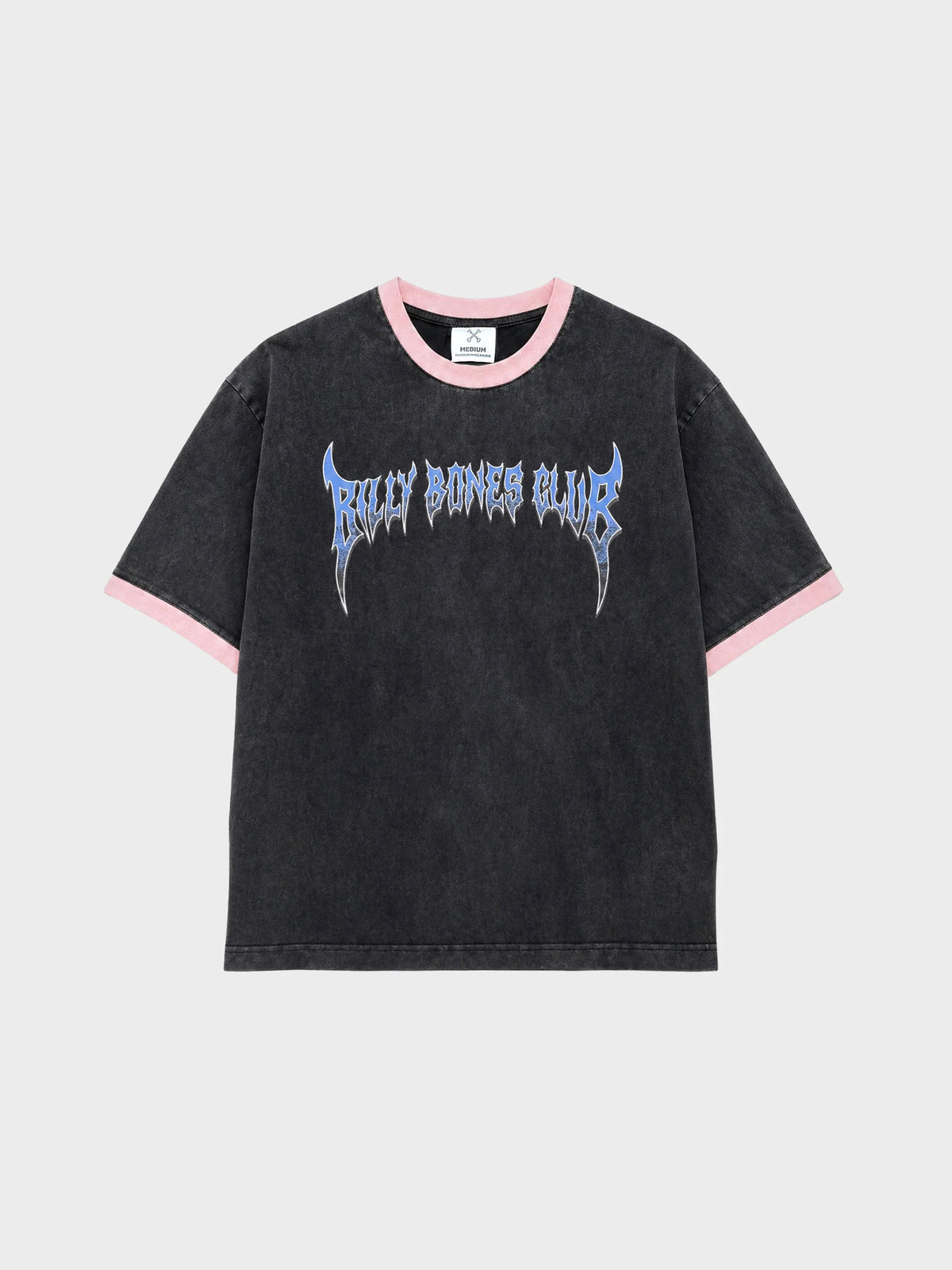 Black t-shirt with pink trim and graphic text on a light gray background