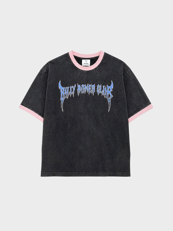 Black t-shirt with pink trim and graphic text on a light gray background