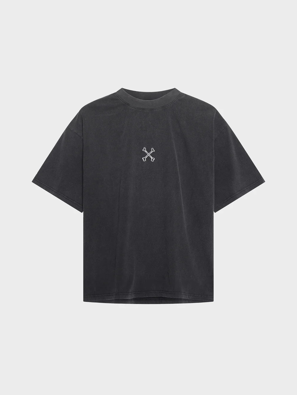 Black t-shirt with a small white logo on the back against a light gray background