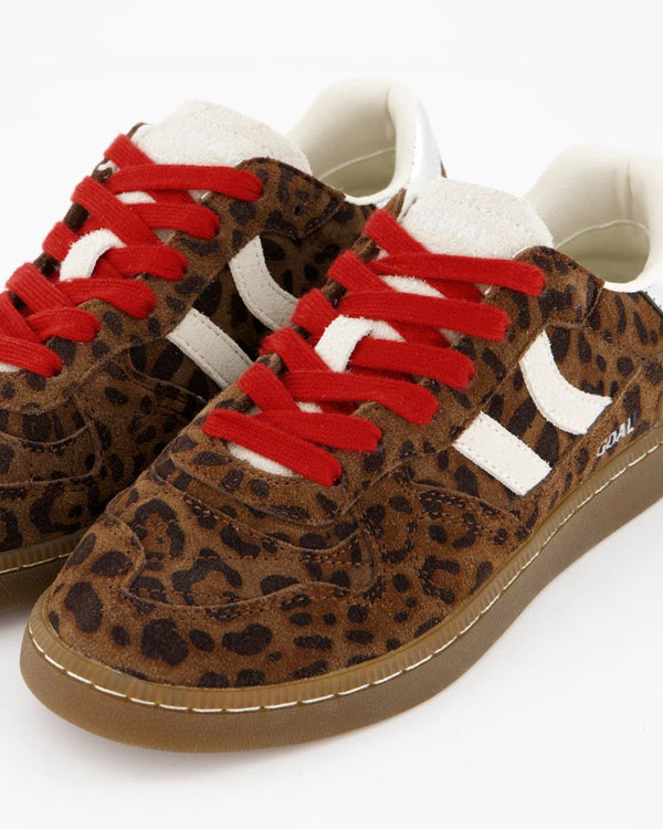 Leopard print sneakers with red laces on a white background