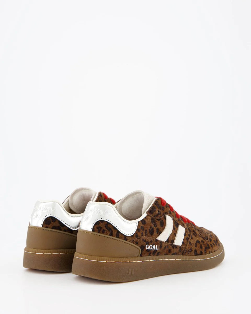 Leopard print sneakers with white soles on a white background