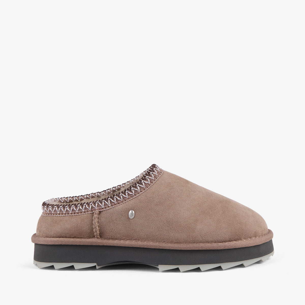 Brown slipper with decorative trim on a white background