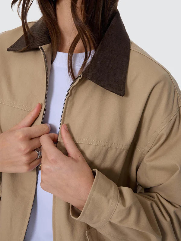 Person wearing a beige jacket with a brown collar, focusing on the jacket's design.