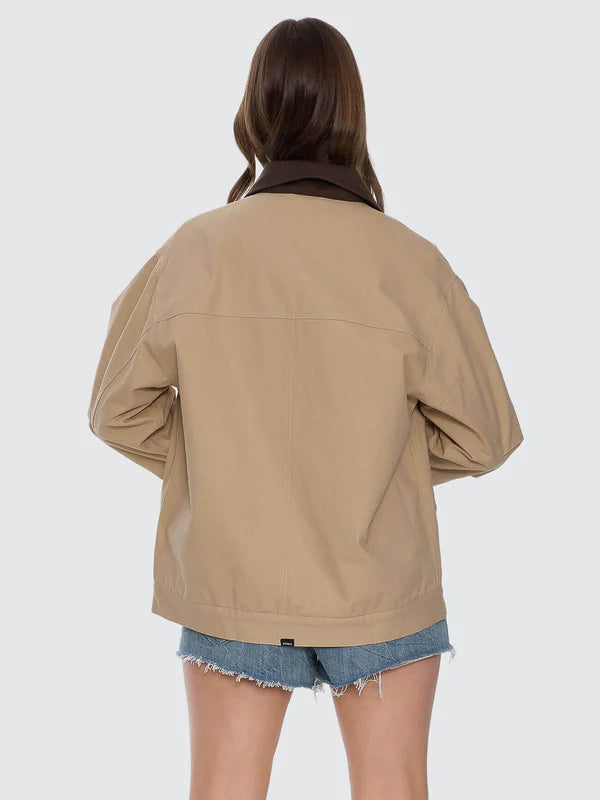 Camel coloured jacket - back view - girl wearing jacket on a white background